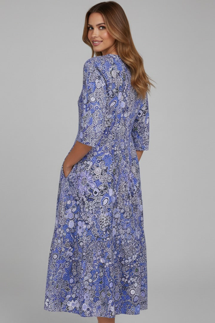 Women's Floral Holiday Midi Dress with V-Neck and Pockets