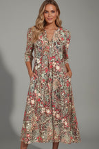 Women's Floral Holiday Midi Dress with V-Neck and Pockets