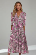 Women's Floral Holiday Midi Dress with V-Neck and Pockets