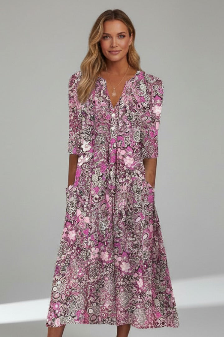 Women's Floral Holiday Midi Dress with V-Neck and Pockets