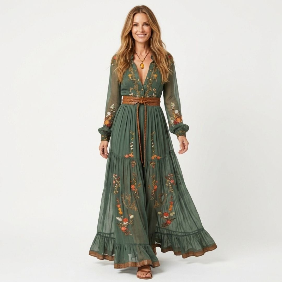 Women's Floral Maxi Dress with Embroidered Detail and Long Sleeve