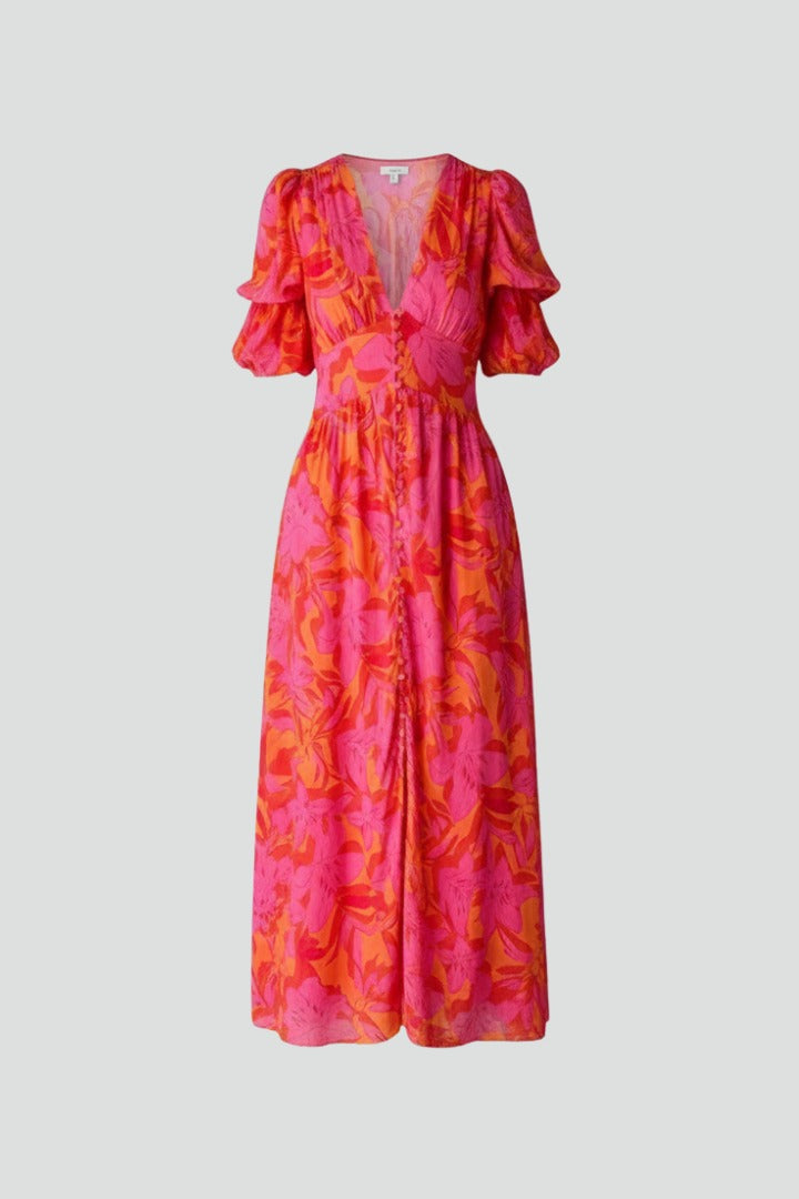 Women's Floral Maxi Dress with Puff Sleeves and V-Neck