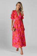 Women's Floral Maxi Dress with Puff Sleeves and V-Neck