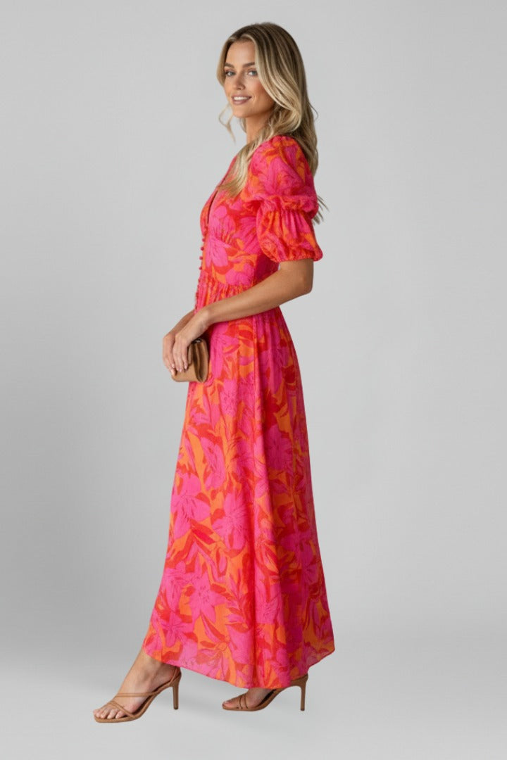 Women's Floral Maxi Dress with Puff Sleeves and V-Neck