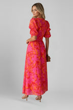 Women's Floral Maxi Dress with Puff Sleeves and V-Neck