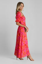 Women's Floral Maxi Dress with Puff Sleeves and V-Neck