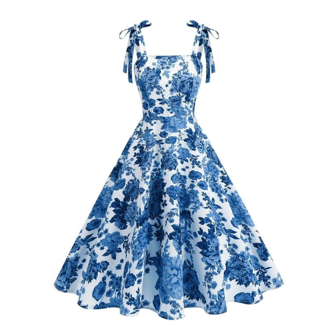 Women's Floral Summer Midi Dress with Tie Straps