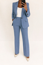 Women's Formal Blazer Wide Leg Pants Set with Single Button
