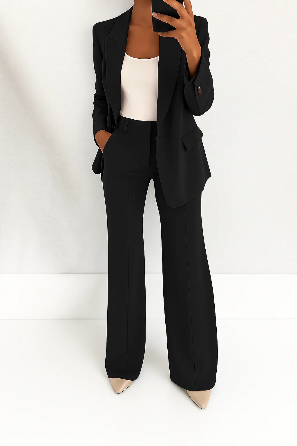 Women's Formal Blazer Wide Leg Pants Set with Single Button