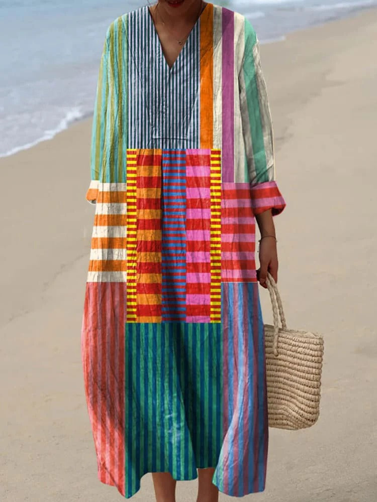 Women's Holiday Color Block Maxi Dress with V-Neck