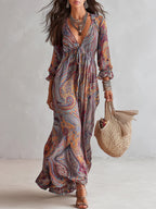 Women's Holiday Maxi Dress with V-Neck and Puff Sleeves