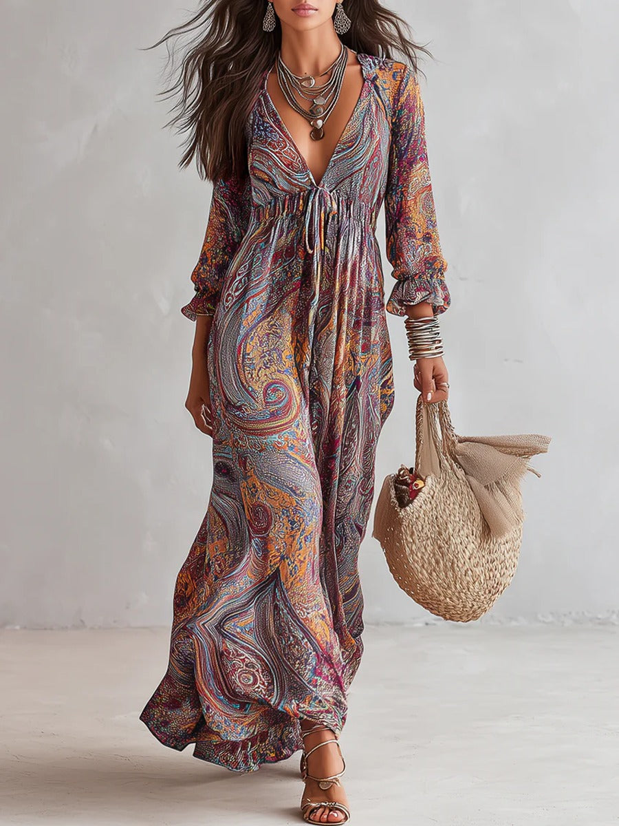 Women's Holiday Maxi Dress with V-Neck and Puff Sleeves