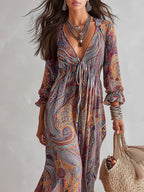 Women's Holiday Maxi Dress with V-Neck and Puff Sleeves