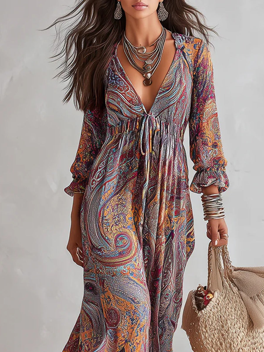 Women's Holiday Maxi Dress with V-Neck and Puff Sleeves