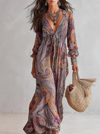 Women's Holiday Maxi Dress with V-Neck and Puff Sleeves