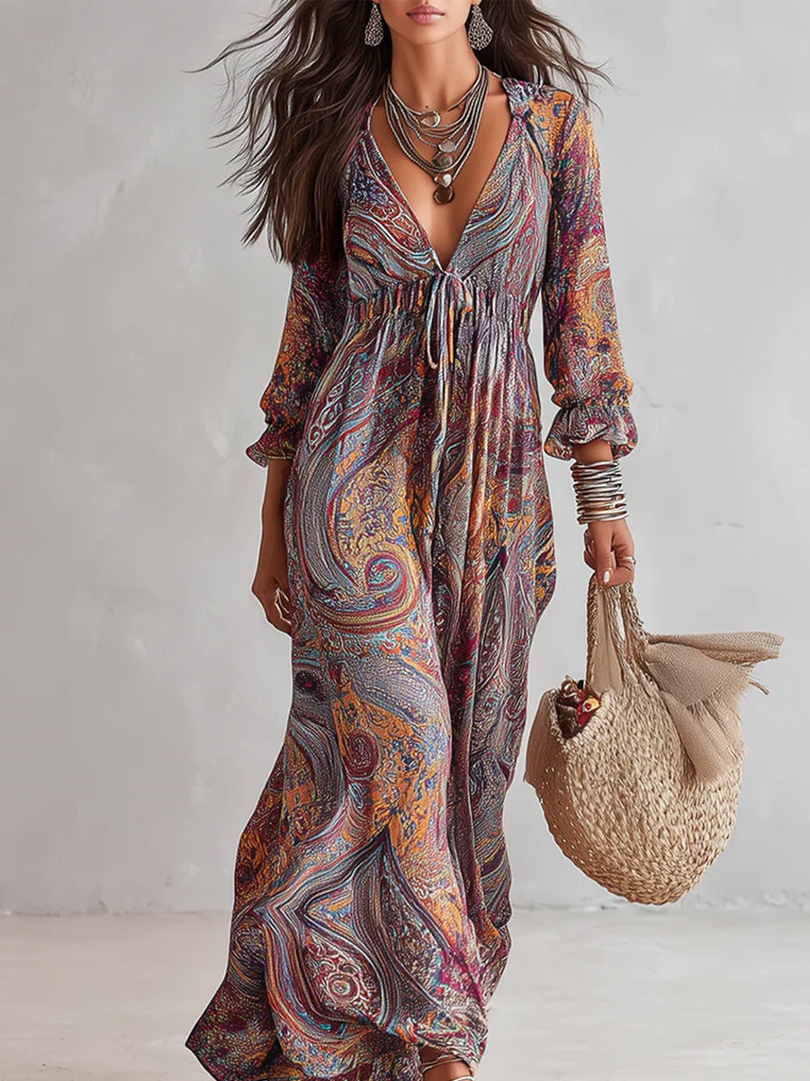 Women's Holiday Maxi Dress with V-Neck and Puff Sleeves