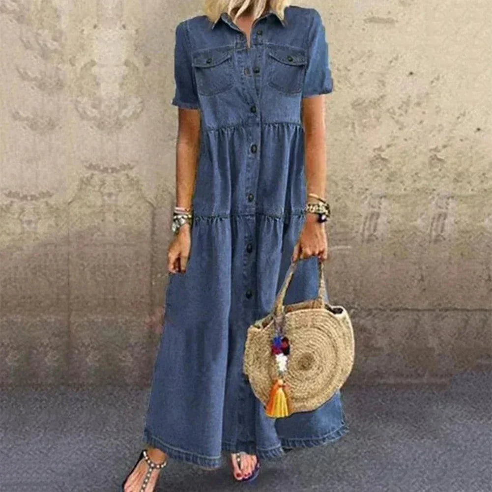 Women's Holiday Shirt Maxi Dress with Pockets