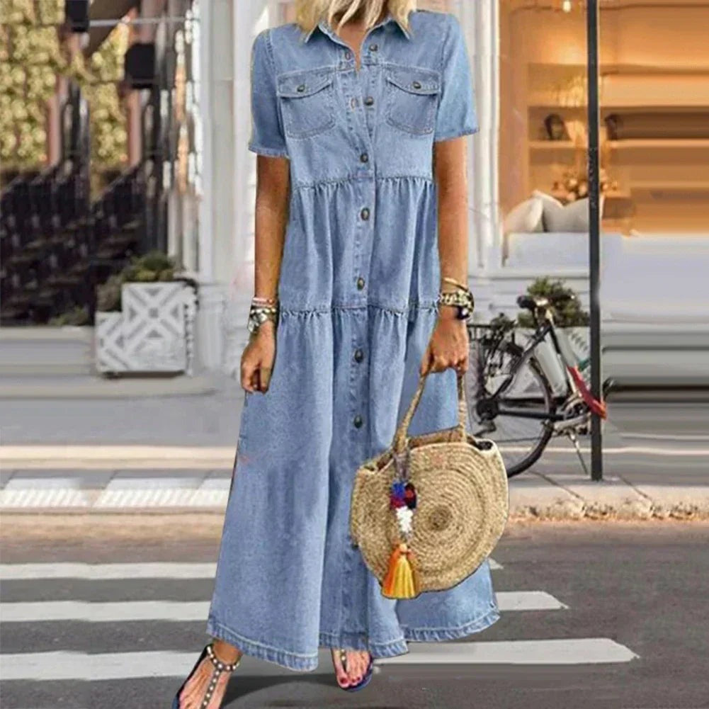 Women's Holiday Shirt Maxi Dress with Pockets