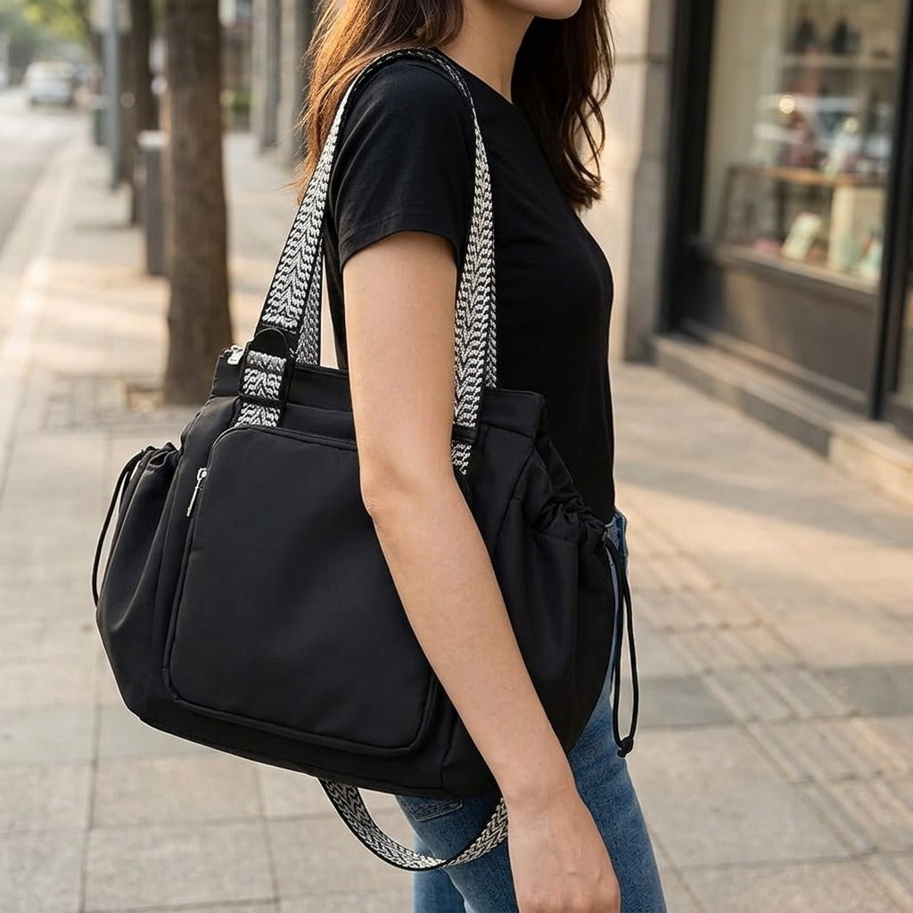 Women's Large Travel Tote Bag with Patterned Shoulder Strap
