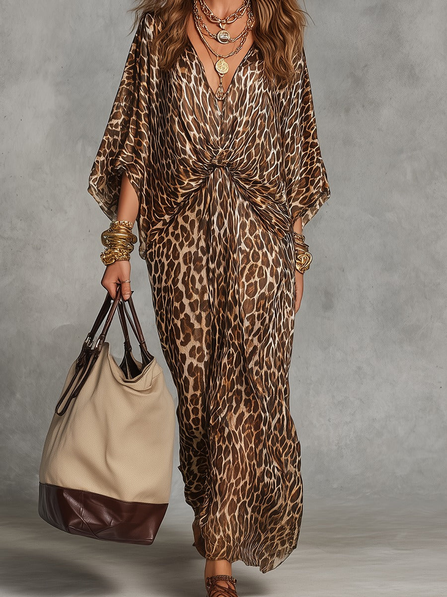 Women's Leopard Print Maxi Dress with Twist Front