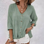 Women's Linen Blouse with V-Neck and Button Front