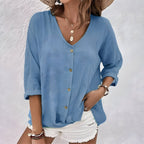 Women's Linen Blouse with V-Neck and Button Front