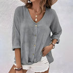 Women's Linen Blouse with V-Neck and Button Front