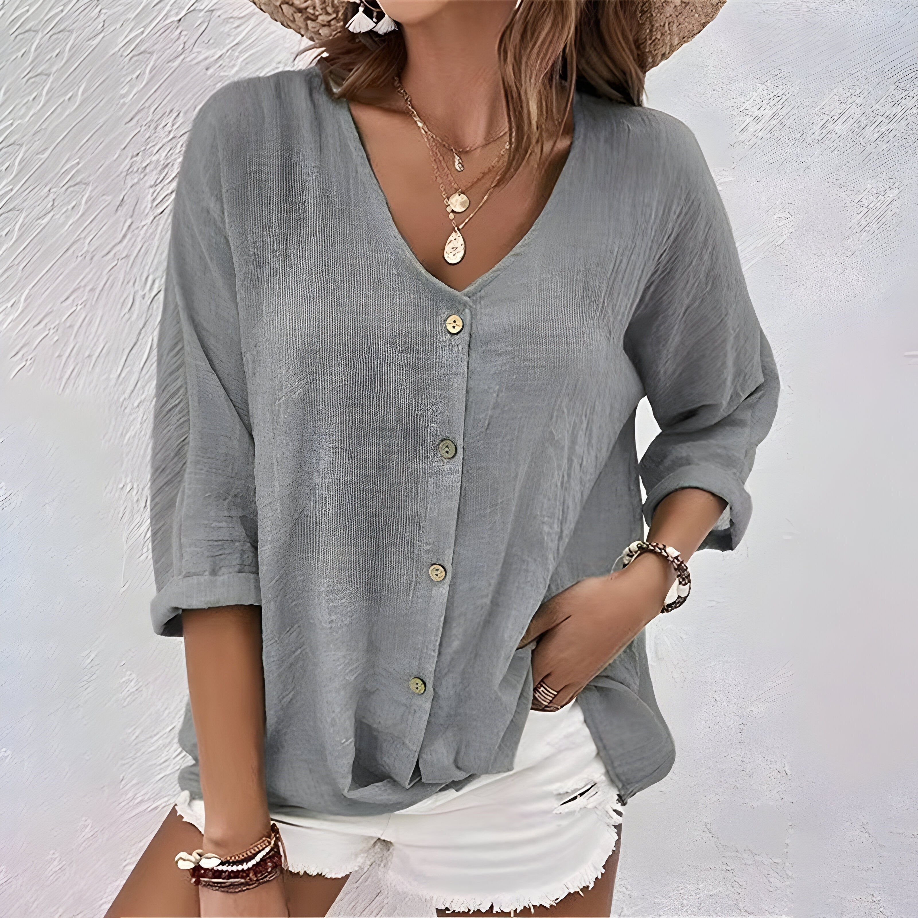 Women's Linen Blouse with V-Neck and Button Front