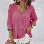 Women's Linen Blouse with V-Neck and Button Front