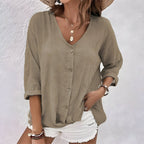Women's Linen Blouse with V-Neck and Button Front