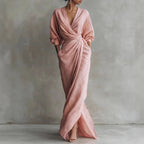Women's Linen Maxi Dress with V-Neck and Pockets