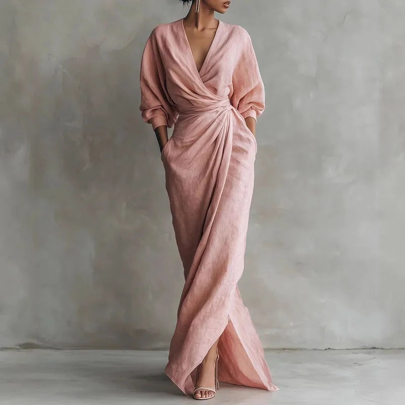 Women's Linen Maxi Dress with V-Neck and Pockets