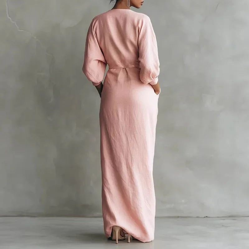 Women's Linen Maxi Dress with V-Neck and Pockets