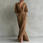 Women's Linen Maxi Dress with V-Neck and Pockets