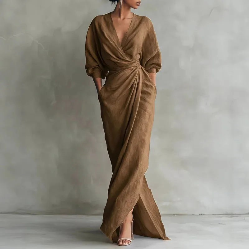 Women's Linen Maxi Dress with V-Neck and Pockets
