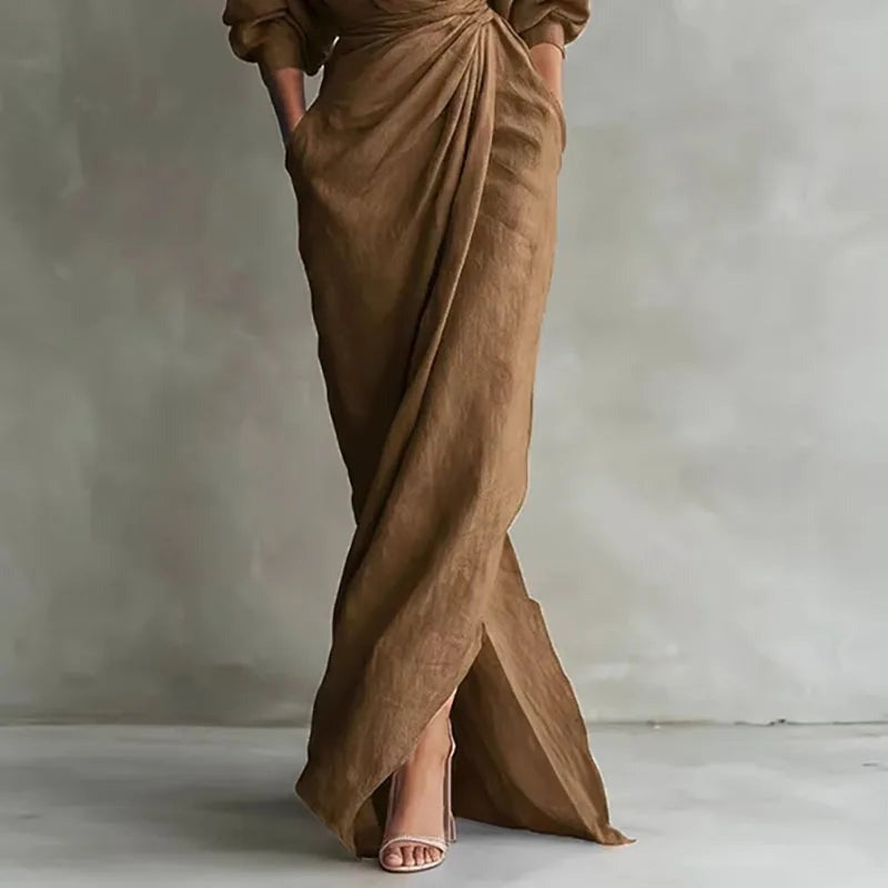Women's Linen Maxi Dress with V-Neck and Pockets