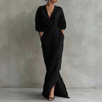 Women's Linen Maxi Dress with V-Neck and Pockets