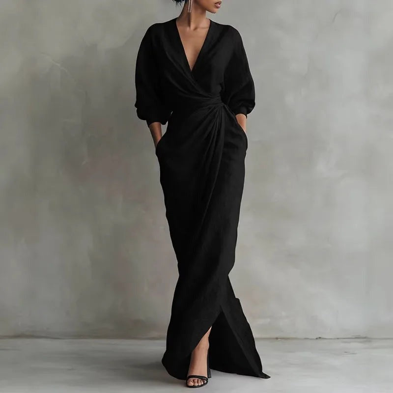 Women's Linen Maxi Dress with V-Neck and Pockets