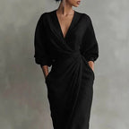 Women's Linen Maxi Dress with V-Neck and Pockets