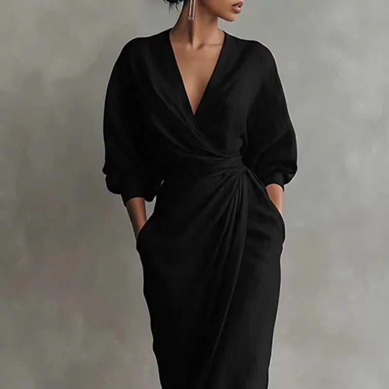 Women's Linen Maxi Dress with V-Neck and Pockets