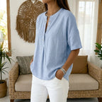 Women's Linen Oversized Blouse with Short Sleeves and Button Front