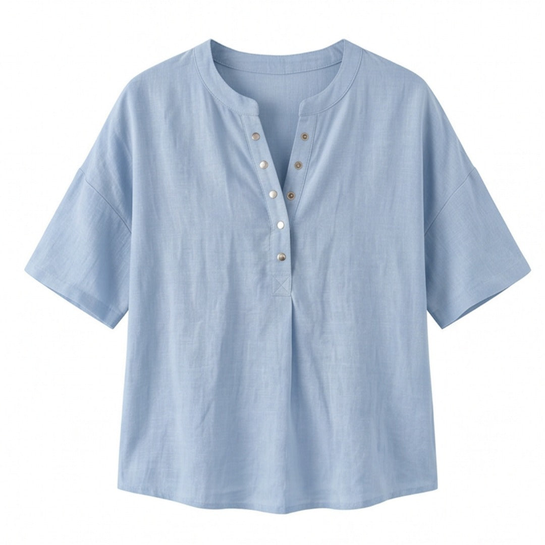 Women's Linen Oversized Blouse with Short Sleeves and Button Front