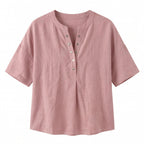 Women's Linen Oversized Blouse with Short Sleeves and Button Front