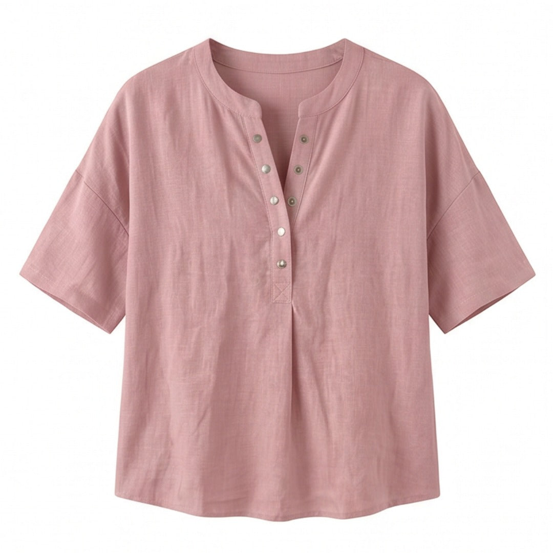 Women's Linen Oversized Blouse with Short Sleeves and Button Front