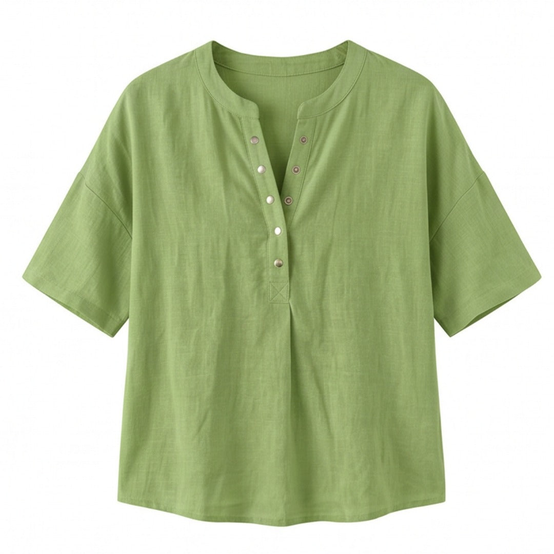 Women's Linen Oversized Blouse with Short Sleeves and Button Front