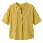 Women's Linen Oversized Blouse with Short Sleeves and Button Front