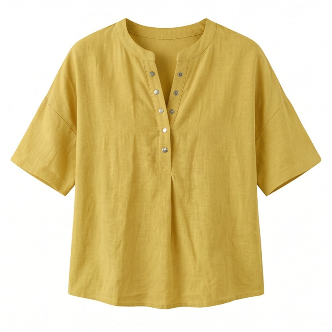 Women's Linen Oversized Blouse with Short Sleeves and Button Front
