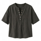 Women's Linen Oversized Blouse with Short Sleeves and Button Front