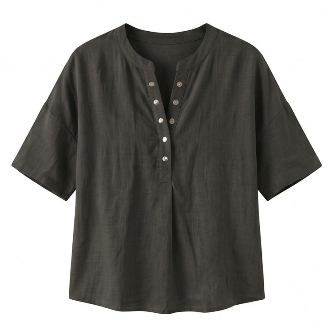 Women's Linen Oversized Blouse with Short Sleeves and Button Front