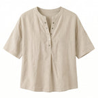 Women's Linen Oversized Blouse with Short Sleeves and Button Front